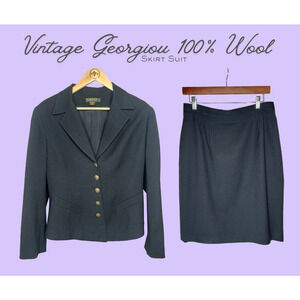 Vintage Georgiou 100% Wool Skirt Suit Gold Button Blazer Pencil Skirt 12/L